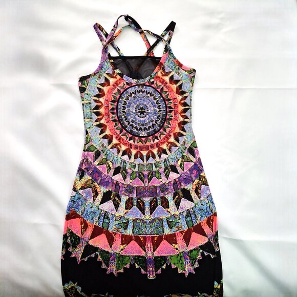 Beachy Mesh Mandala Print Bohemian Long Maxi Beach Boho Dress Semi-sheer Sz M - Picture 1 of 16